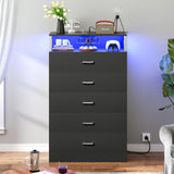 AOGLLATI Black Dresser for Bedroom with Column Design & Charging Station, Led 5 Drawers Tall Dresser for Bedroom,Black AOGLLATI