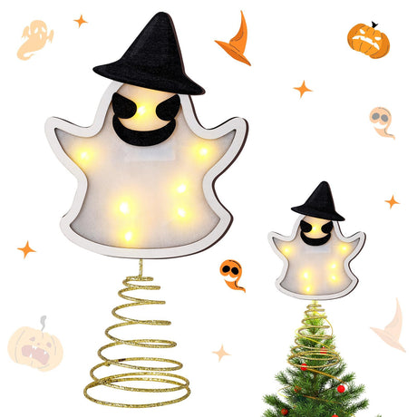 Halloween Tree Topper 15 Inches Pumpkin Skull Ghost Tree Topper Wood Tree Ornament Tree Star with LED Light Halloween Christmas Tree Ornaments for Halloween Party YLOLUL