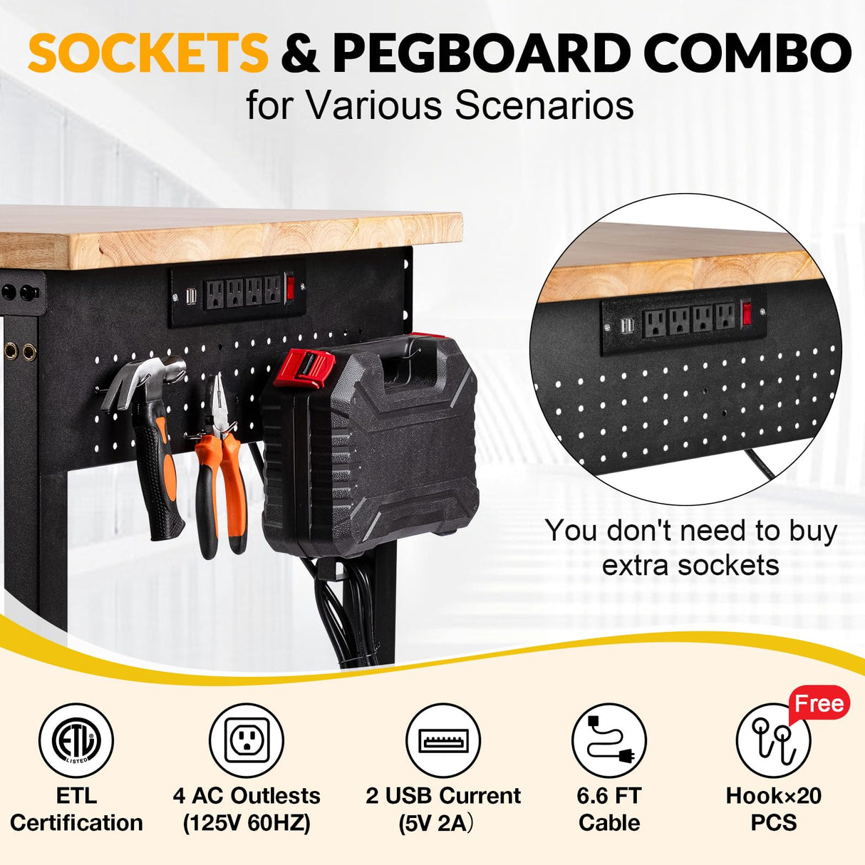 48" Workbench with Drawers, Adjustable Height Work Bench 2000 LBS Heavy-Duty Work Table Rubber Wood Work Station with Power Outlet & Pegboard for Garage, Office, Workshop, Home, Party Shop WoodArtSupply