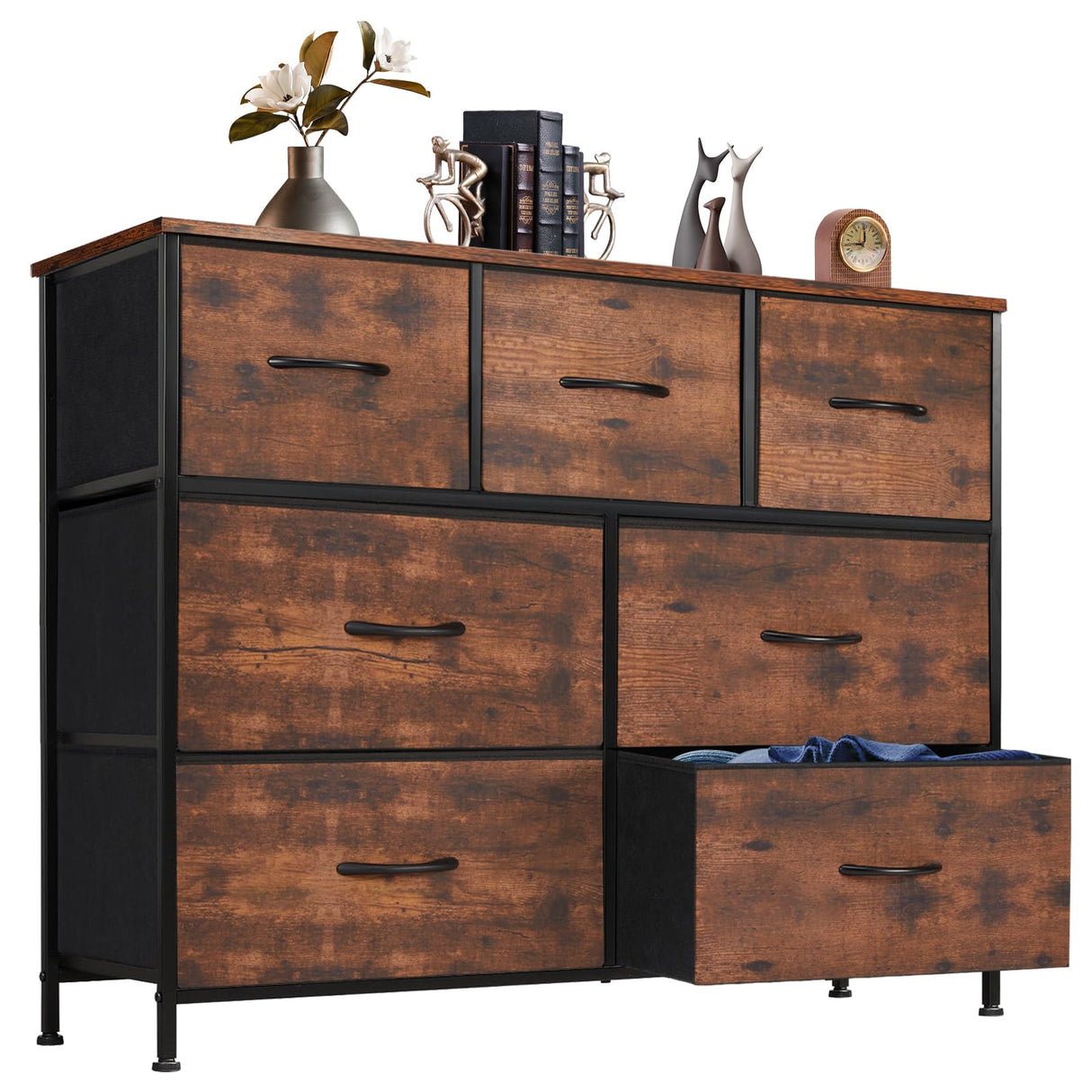 DUMOS Dresser for Bedroom with 7 Drawers, Storage Organizer Units Furniture, Chest Tower TV Stand with Fabric Bins, Metal Frame, Wooden Top for Nursery, Living Room, Kidsroom, Closet, Brown DUMOS