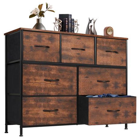 DUMOS Dresser for Bedroom with 7 Drawers, Storage Organizer Units Furniture, Chest Tower TV Stand with Fabric Bins, Metal Frame, Wooden Top for Nursery, Living Room, Kidsroom, Closet, Brown DUMOS