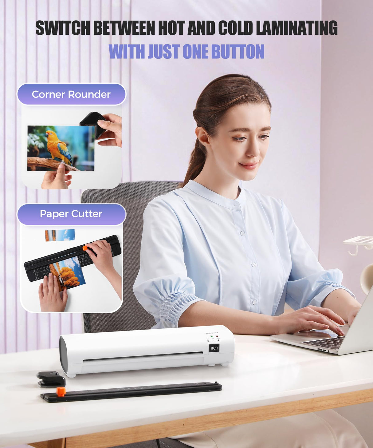 9 Inch Laminator Machine with Never Jam Technology, 40 Laminating Sheets, 4-in-1 A4 Thermal Laminator with Trimmer and Corner Rounder for Office, School, Business and Home Use - White Ibzdi