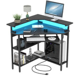 Auromie Corner Desk with Charging Station & LED Light, Triangle Corner Desk with Monitor Stand & Keyboard Tray for Small Space, Gaming Computer Desk with Storage Shelves for Home Office (Black) Auromie