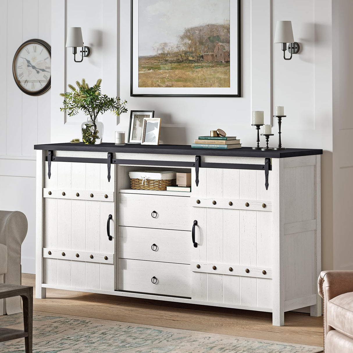 REAHOME Buffet Cabinet with Storage, 60" Sideboard Buffet Cabinet with Sliding Barn Doors & 3 Drawers, Farmhouse Wood Coffee Bar Cabinet Buffet Table for Kitchen, Dining Room,Living Room, White REAHOME