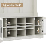 Furnihold 51.3'' Hall Tree, Off White Entryway Bench with Coat Rack, 10 Shoe Storage & 7 Coat Hooks & Adjustable Shelf, Glass Door Farmhouse Wooden Style Hall Tree with Shoe Storage Bench Furnihold