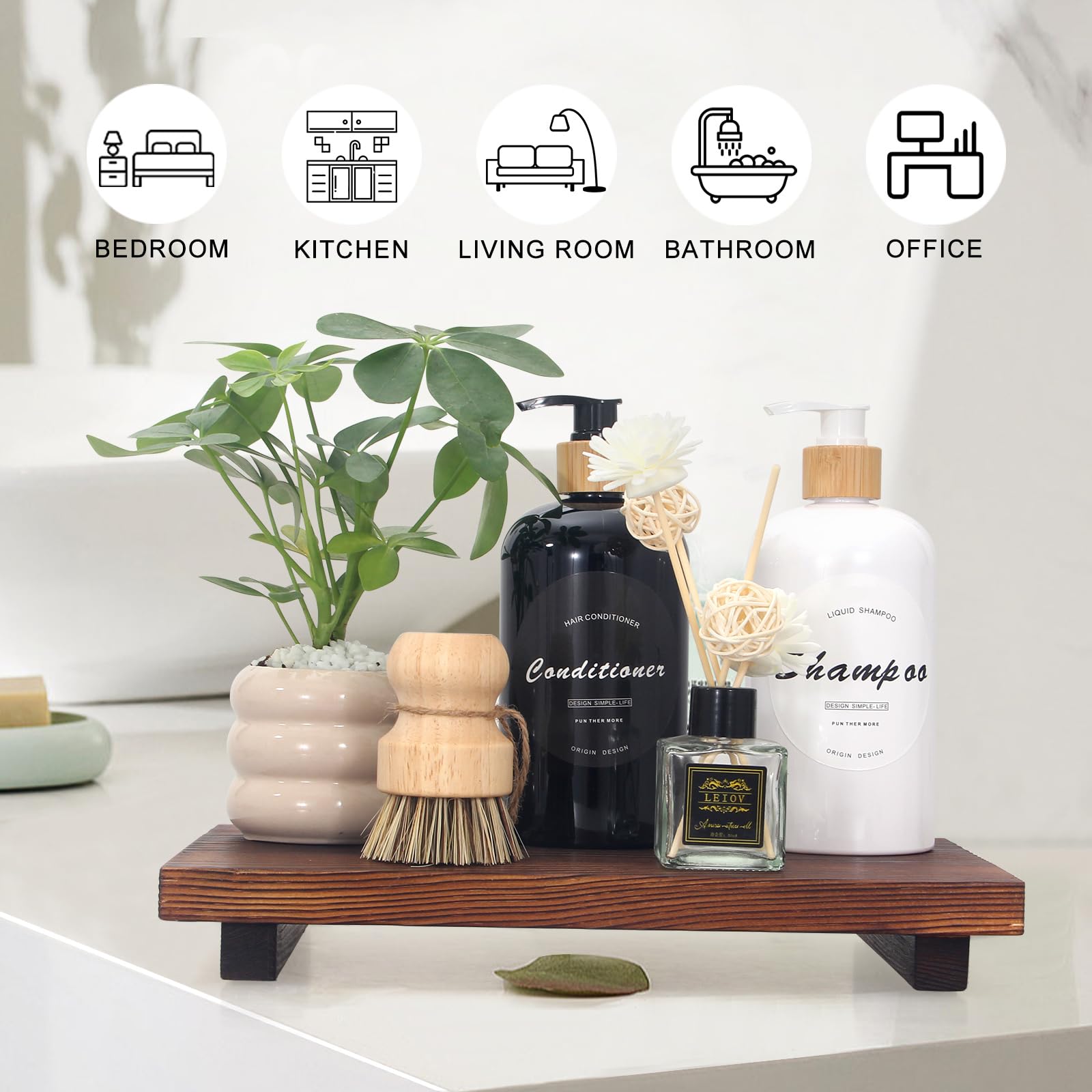 Farmhouse Bathroom Vanity Tray Wood Pedestal Stand Kitchen Countertop Trays Decorative Wooden Risers Dish Soap Dispenser Holder for Kitchen Counter Decor Modern Bathroom Sink Organizer Access - WoodArtSupply