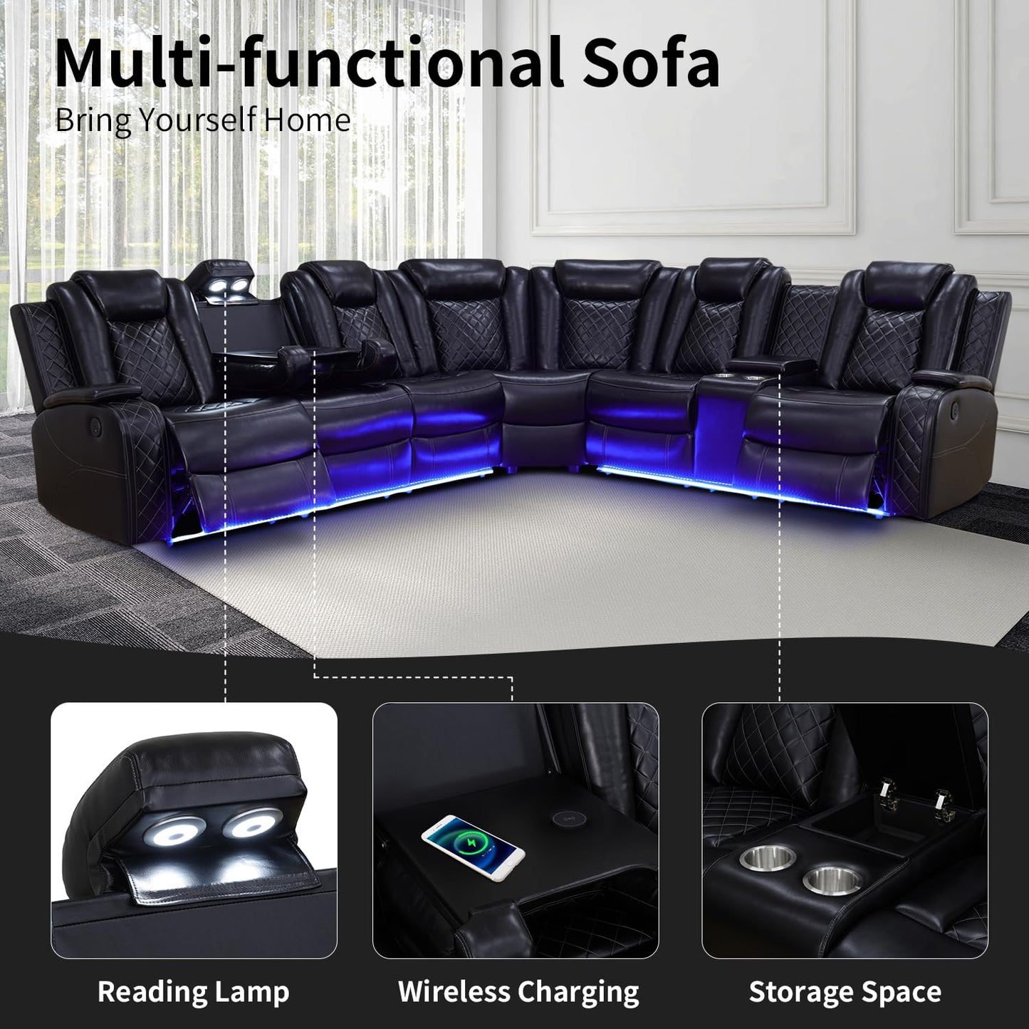 Power Recliner Sofa Sectional Couches with LED Light for Living Room,Leather Reclining Corner Sectional Sofa Set with 3 Recliner Seats,Cup Holder,Storage Console for House/Home Theater, Black