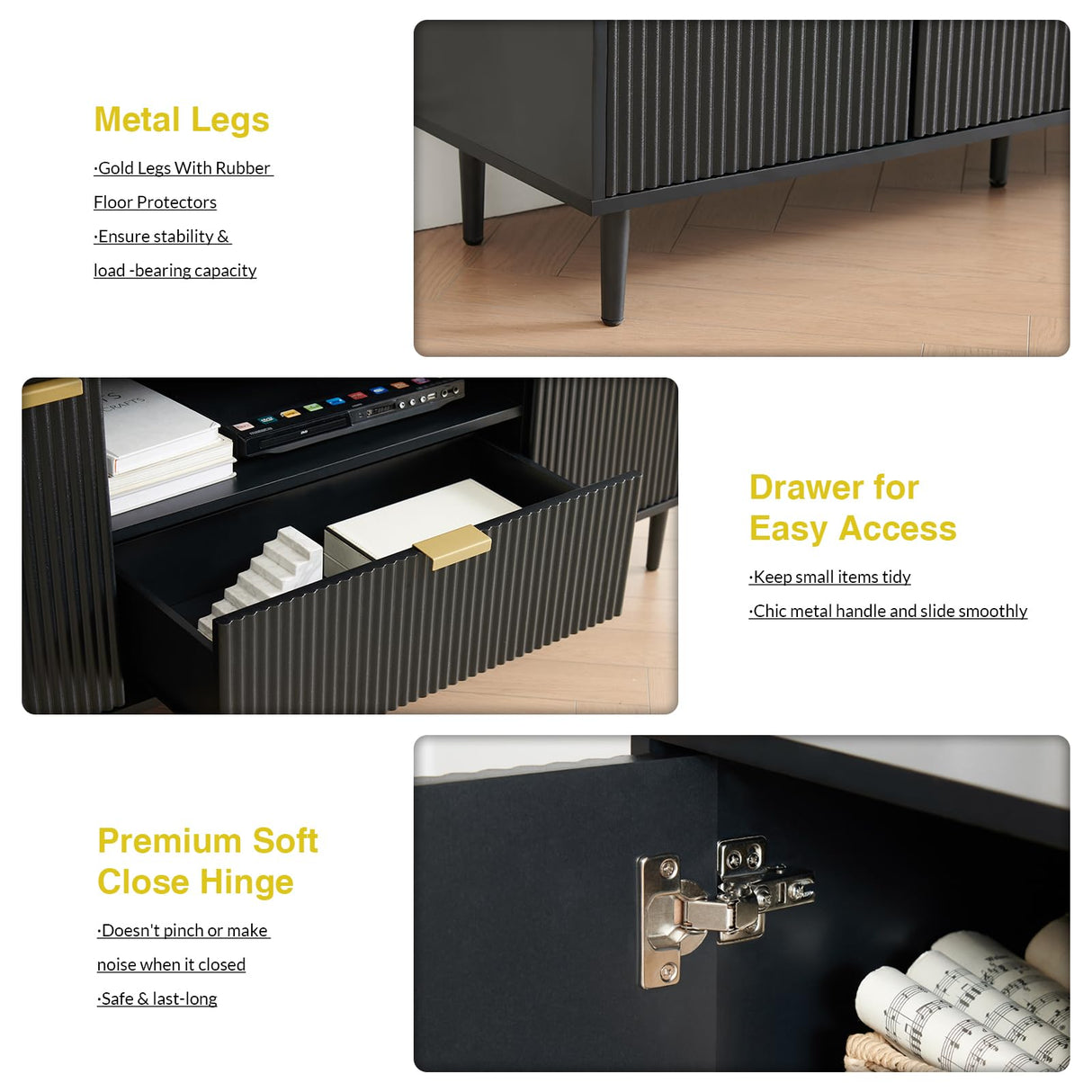 Okvnbjk Black TV Stand for 65 Inch TV, TV Consoles for Living Room, TV Stand for Bedroom w/Drawer and Storage, Wood Fluted Panel Media Console, Entertainment Center w/Soft Hinge & Cable Management Okvnbjk