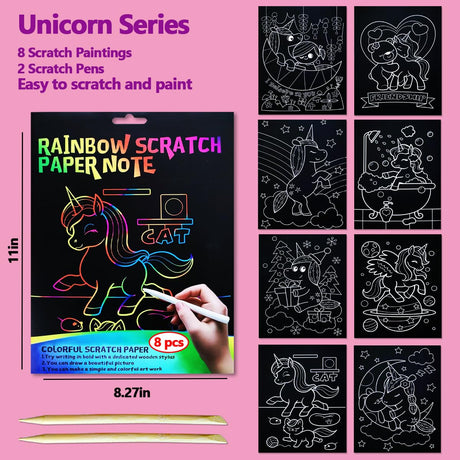 JUNQIU Scratch Art for Kids, Rainbow Scratch Paper Art Set - Unicorn, Arts and Crafts for Girls Boys Ages 4-8, Kid Activity & Christmas Crafts, Stocking Stuffers for Kids JUNQIU US