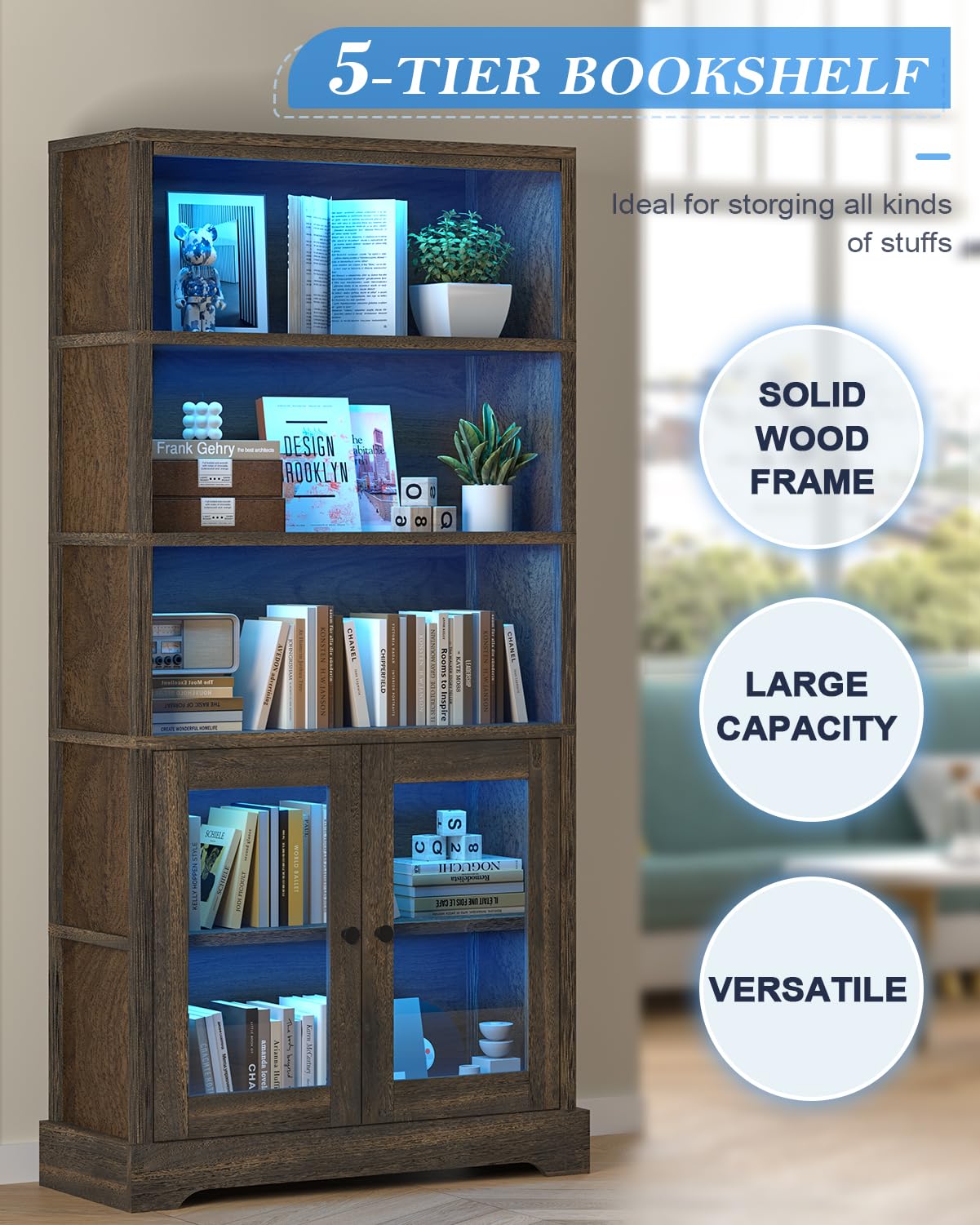 TVU 5-Tier Bookcase with Cabinet & LED, Wood 65 Inch Tall Bookshelf with Storage, Floor Standing Display Book Shelf for Living Room, Office, Study, Entryway (Rustic Brown) TVU