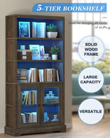 TVU 5-Tier Bookcase with Cabinet & LED, Wood 65 Inch Tall Bookshelf with Storage, Floor Standing Display Book Shelf for Living Room, Office, Study, Entryway (Rustic Brown) TVU