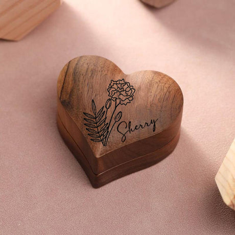 Personalized Wooden Ring Box - Custom Name Date Engraved Ring Bearer Box Wooden Heart Wedding Ring Holder Rustic Jewelry Storage Case for Proposal Wedding Keepsake (Birth Flower) Drawelry
