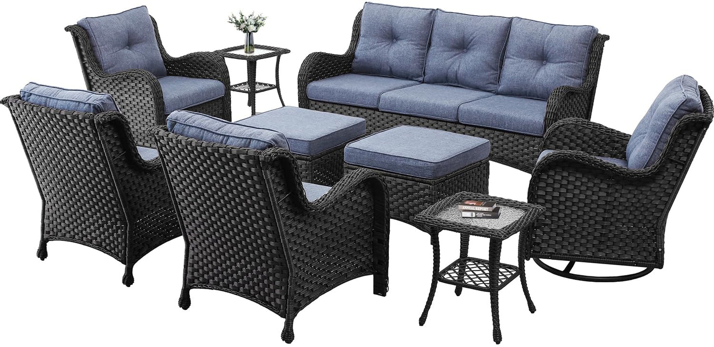 9 Pieces Outdoor Patio Furniture Set, Wicker Rattan Swivel Glider Rocker Single Chairs Patio Sofa with Ottomans and Side Table - WoodArtSupply