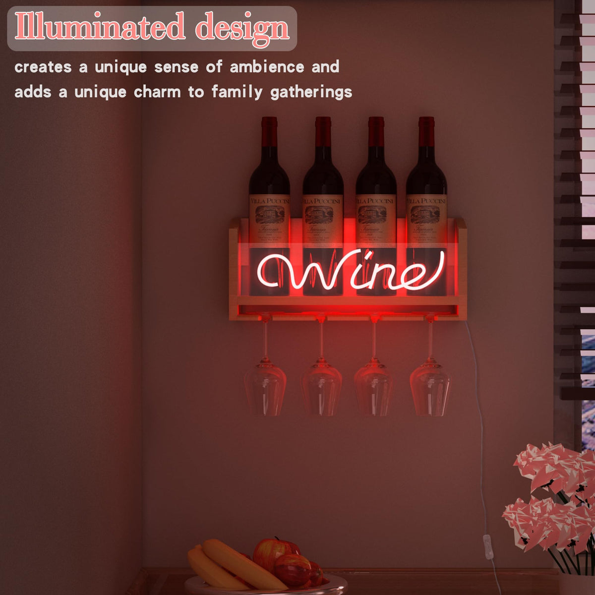 CoolGift Mart Light Up Wine Rack with Glass Holder Wall Mount, Wooden Wine Bottle Holder with Wine Neon Sign, Wall Decor, Gift for Wine Lovers Collectors CoolGift Mart