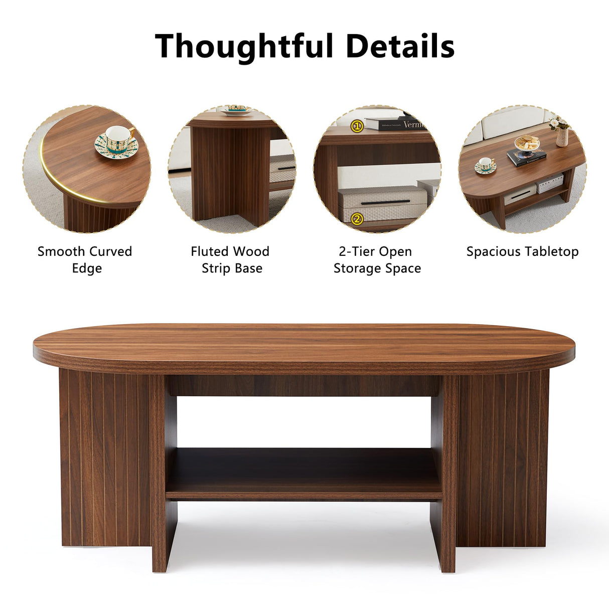 XUZENEST 43.3” Coffee Table with Storage, Oval Coffee Tables for Living Room, Farmhouse Fluted Coffee Table with Large Storage Shelf, Wood Center Table for Small Space, Walnut XUZENEST