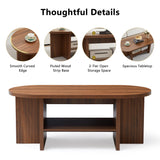 XUZENEST 43.3” Coffee Table with Storage, Oval Coffee Tables for Living Room, Farmhouse Fluted Coffee Table with Large Storage Shelf, Wood Center Table for Small Space, Walnut XUZENEST