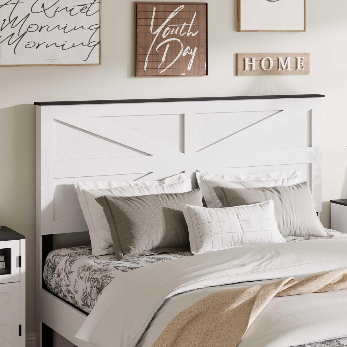 PAUKIN Queen Size Farmhouse Wooden Bed Frame with Headboard, Boho Platform Bedframe Sturdy Metal Slats Support, Spring Needed, Noisy Free, Easy Assembly (Queen, White) PAUKIN