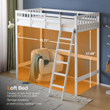 VINGLI Full Loft Bed with USB Charging Station/LED, Solid Wood Double Loft Bunk Bed with Flat Rungs for Kids/Teens/Adults, 15 inches High Guardrail,Wood Slat Support No Box Spring Needed, White VINGLI