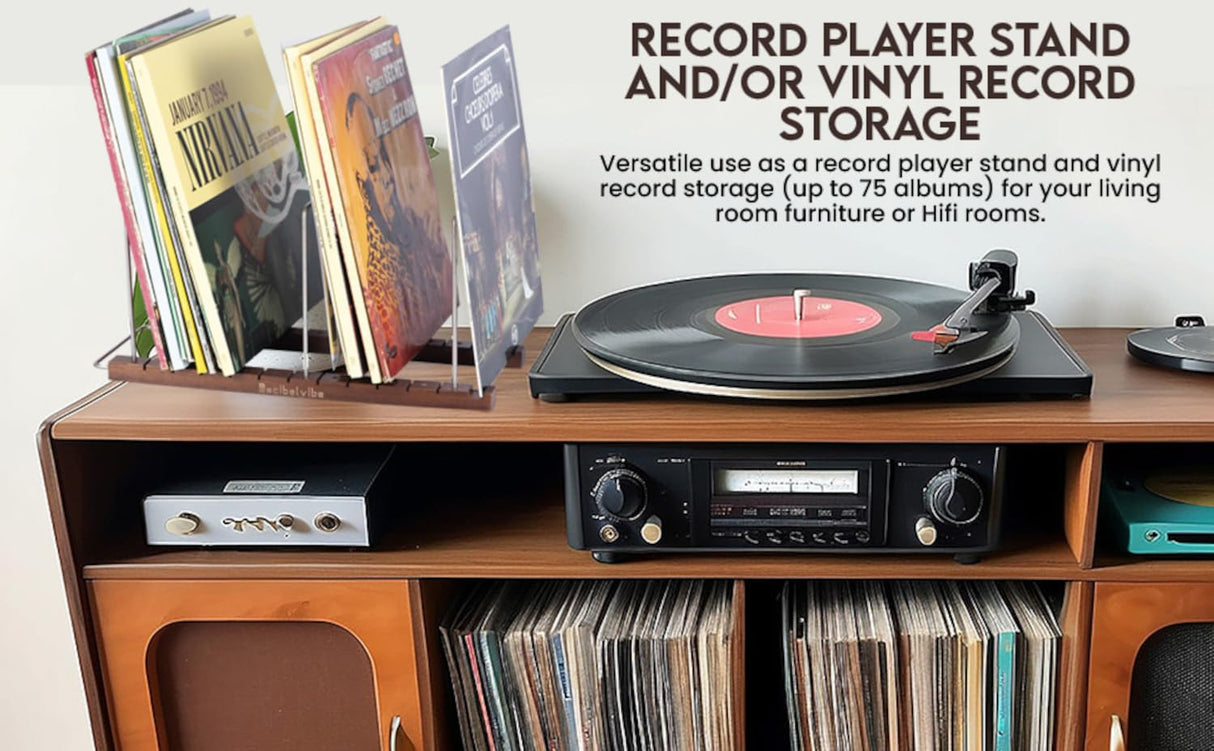 Decibelvibe Vinyl Record Storage and Record Player Stand, Now Playing Display with Stainless Steel and Solid Walnut Wood Premium Design, Up to 75 Vinyl records Decibelvibe