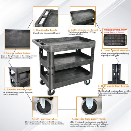 AQNIEGEP 3 Shelf Utility Cart Heavy Duty Rolling Cart with Brake Wheels Storage Service Cart w/Deep Shelves for Warehouse Workshop Cleaning Office Restaurant Commercial Moving 600lbs Capacity Black AQNIEGEP