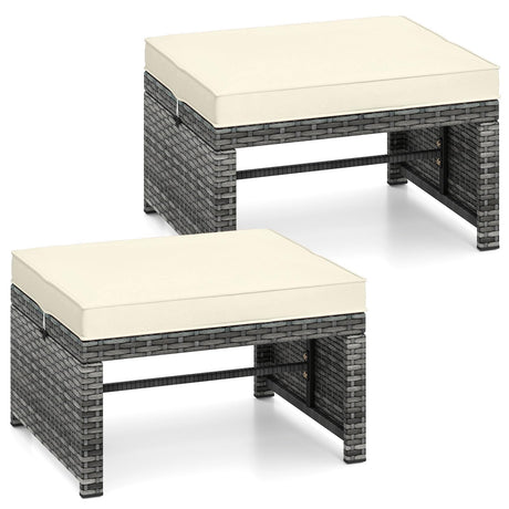 RELAX4LIFE Wicker Outdoor Ottoman Set of 2 - Rattan Footstools Foot Rest w/Removable Cushions, Multipurpose Side Table & Additional Seating, Outdoor Ottomans for Patio Garden Porch (Grey-Off White) RELAX4LIFE