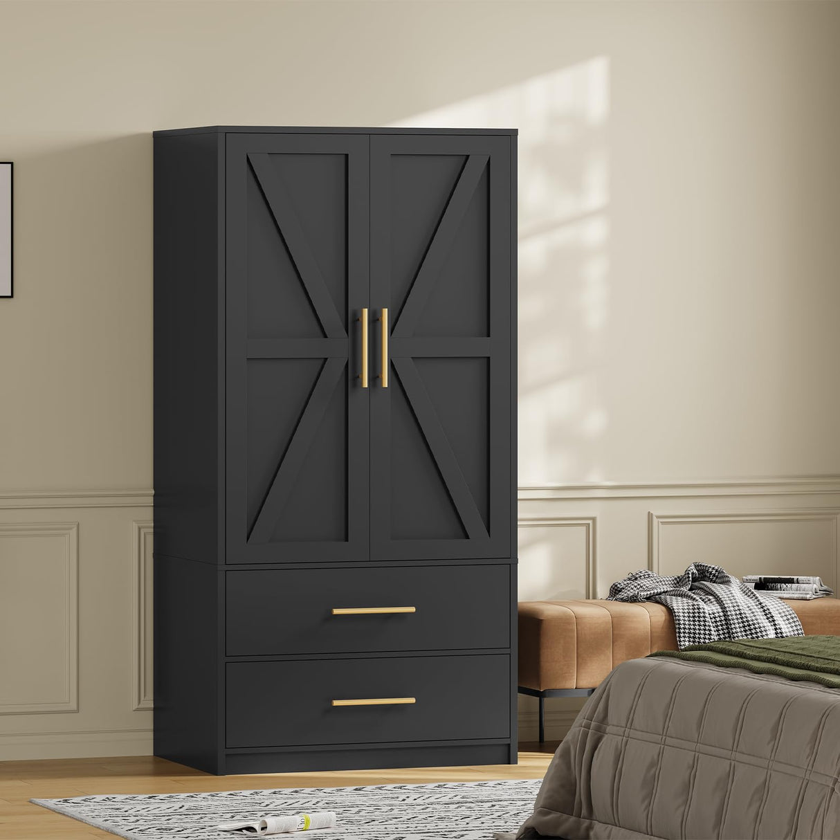 HOOBRO Armoire Wardrobe Closet, Wardrobe Closet with Doors and 2 Drawers, Bedroom Armoire with Hanging Rod, Tall Armoire for Bedroom, Wooden Clothing Storage Cabinet, Black HOOBRO
