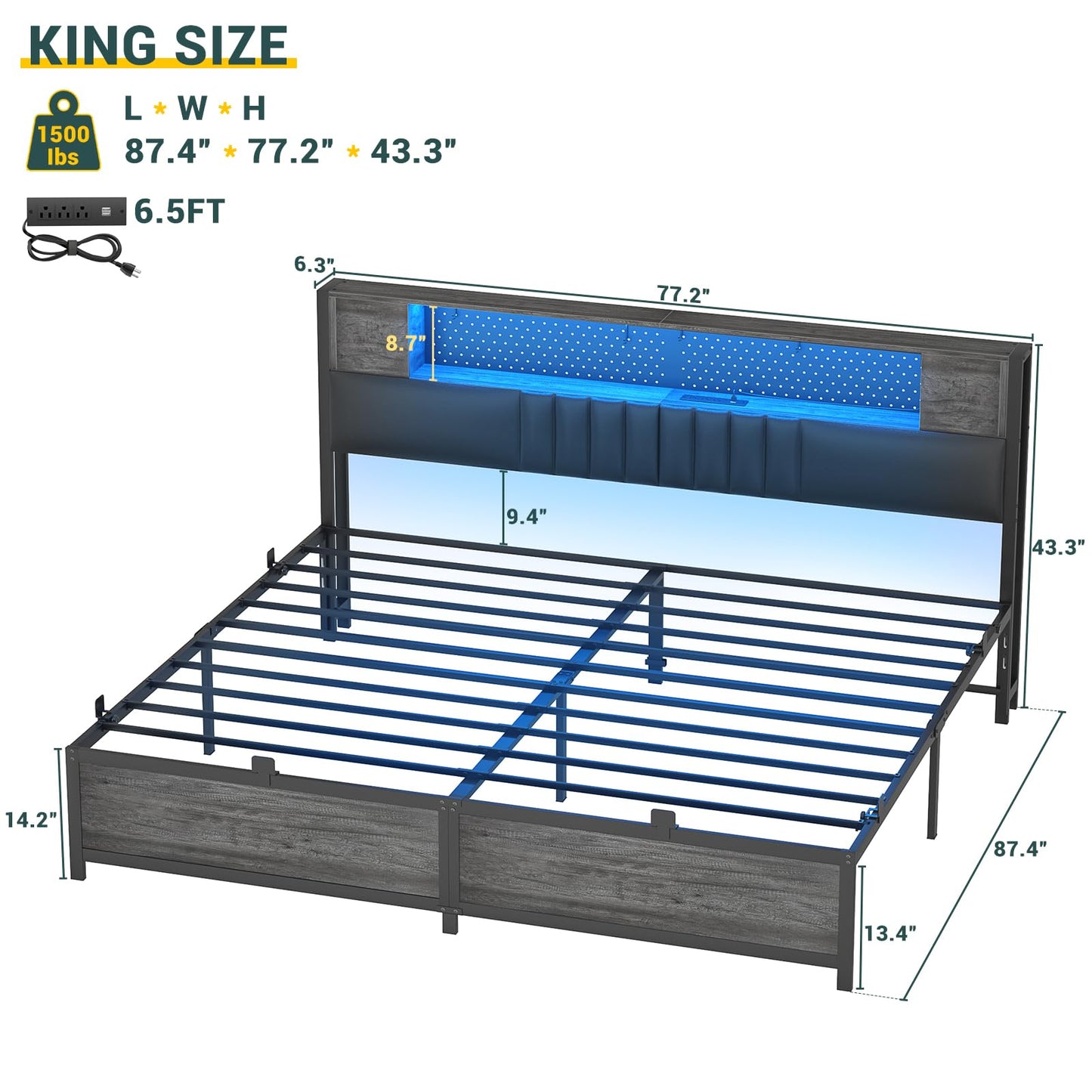 Unikito King Size Platform Bed Frame with LED Light, Power Outlets, Upholstered Headboard, and Storage - Black Oak - WoodArtSupply