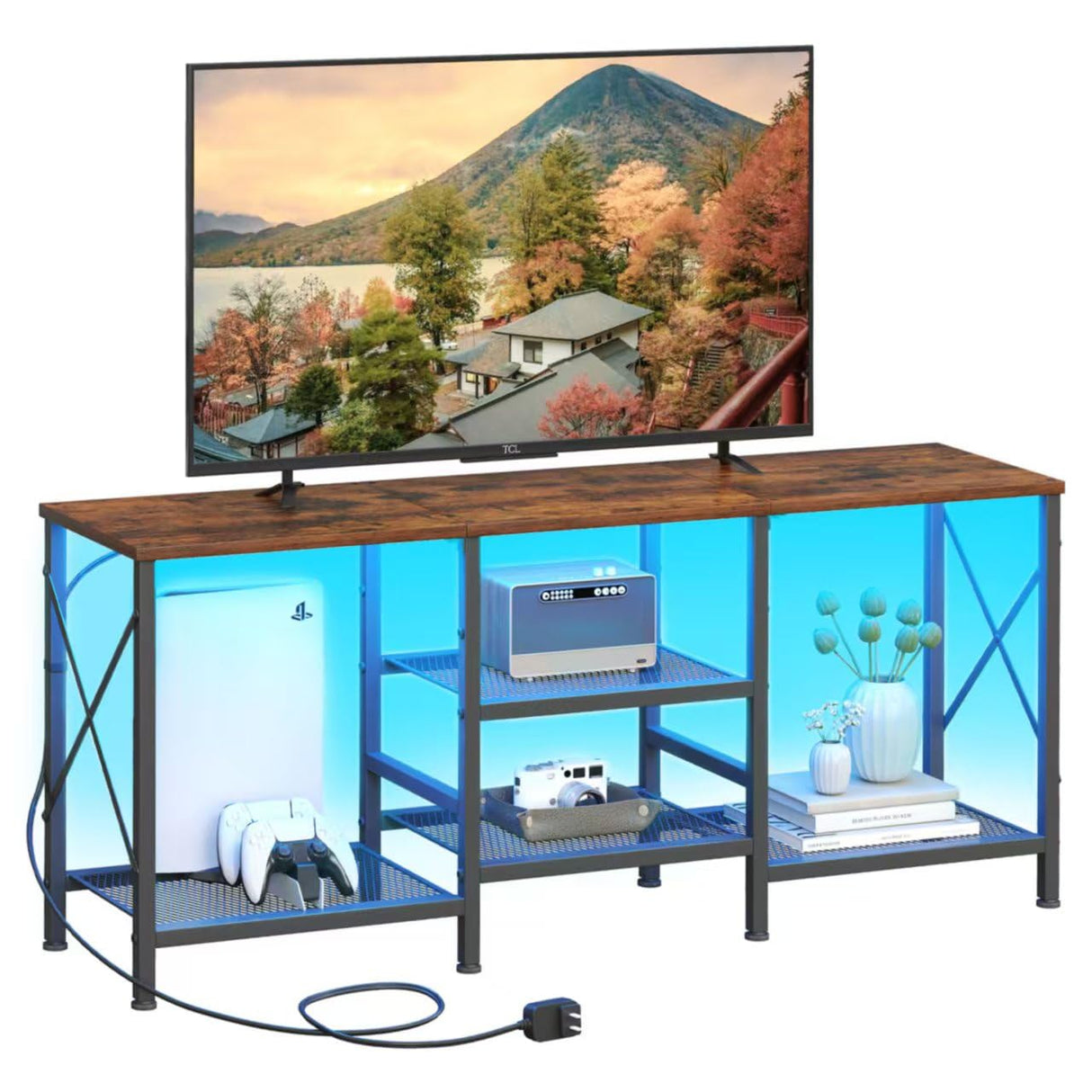 JARHETUN TV Stand with LED Lights for 55 Inch TV, Entertainment Center with 3-Tier Open Shelves, TV Console Table for Living Room, Bedroom, Rustic Brown JARHETUN