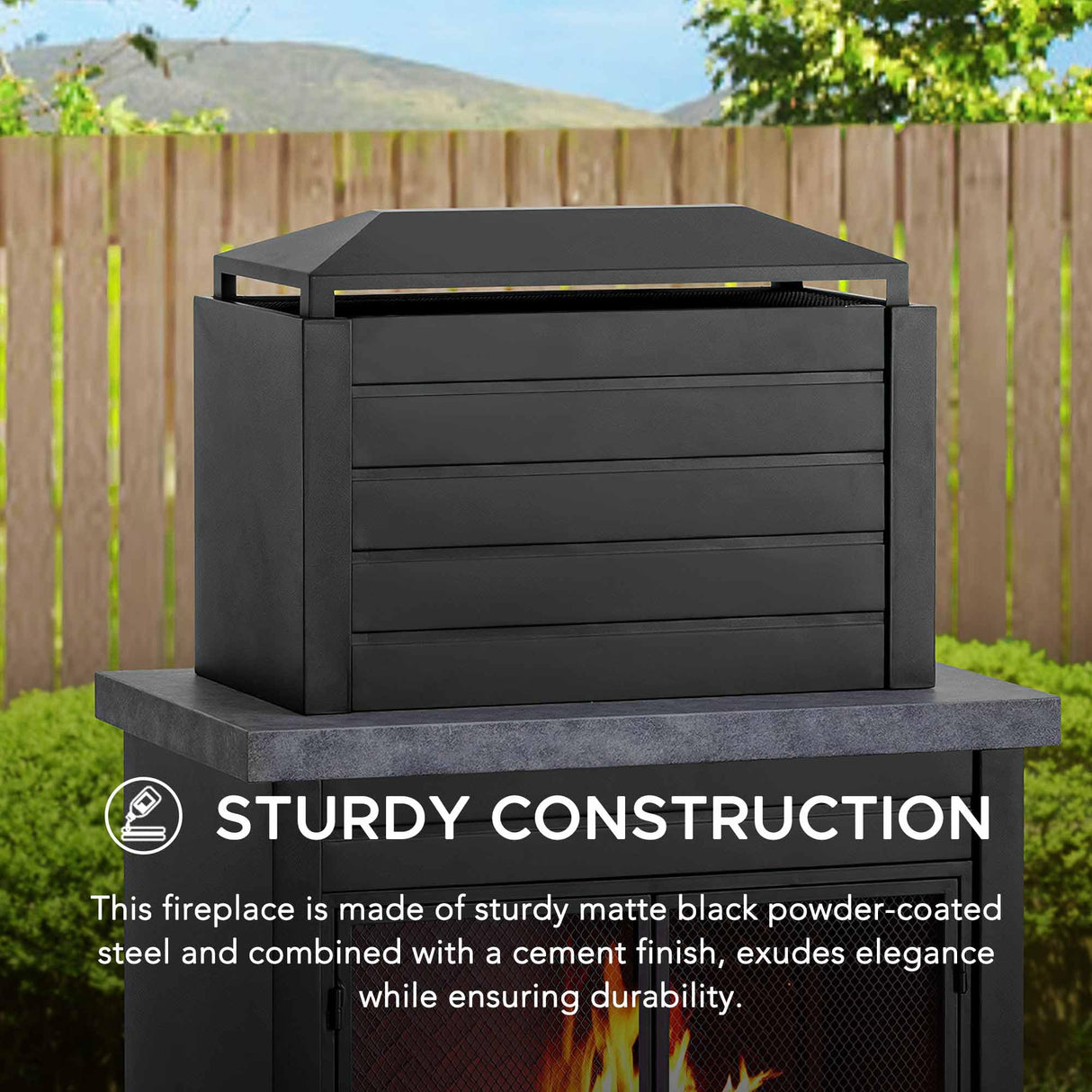 Sunjoy Wood Burning Fireplace, Outdoor Patio Steel Fireplace with Chimney, Log Holders, Fireplace Tool and PVC Cover, Black Sunjoy