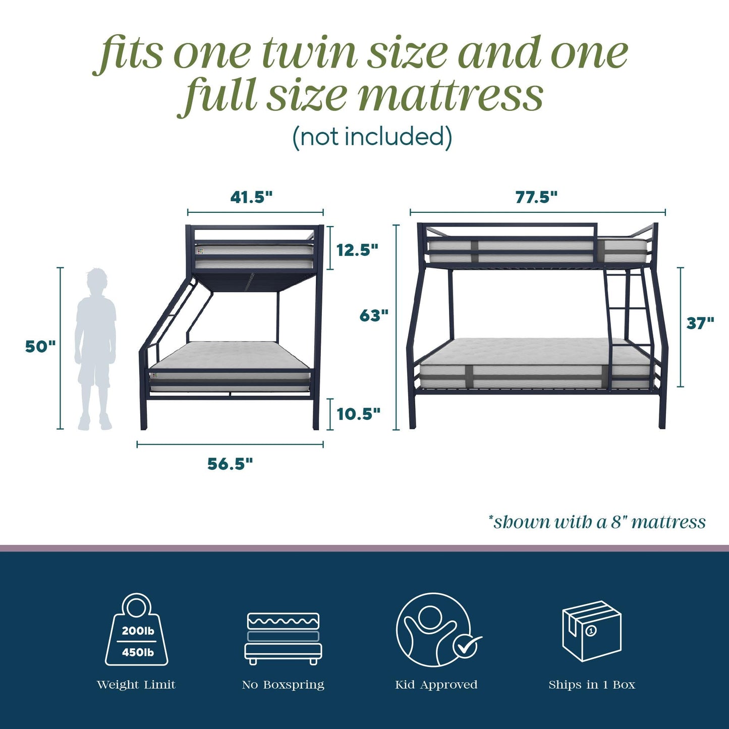 Novogratz Maxwell Twin-Over-Full Metal Bunk Bed with Ladder and Guardrails, Navy Blue