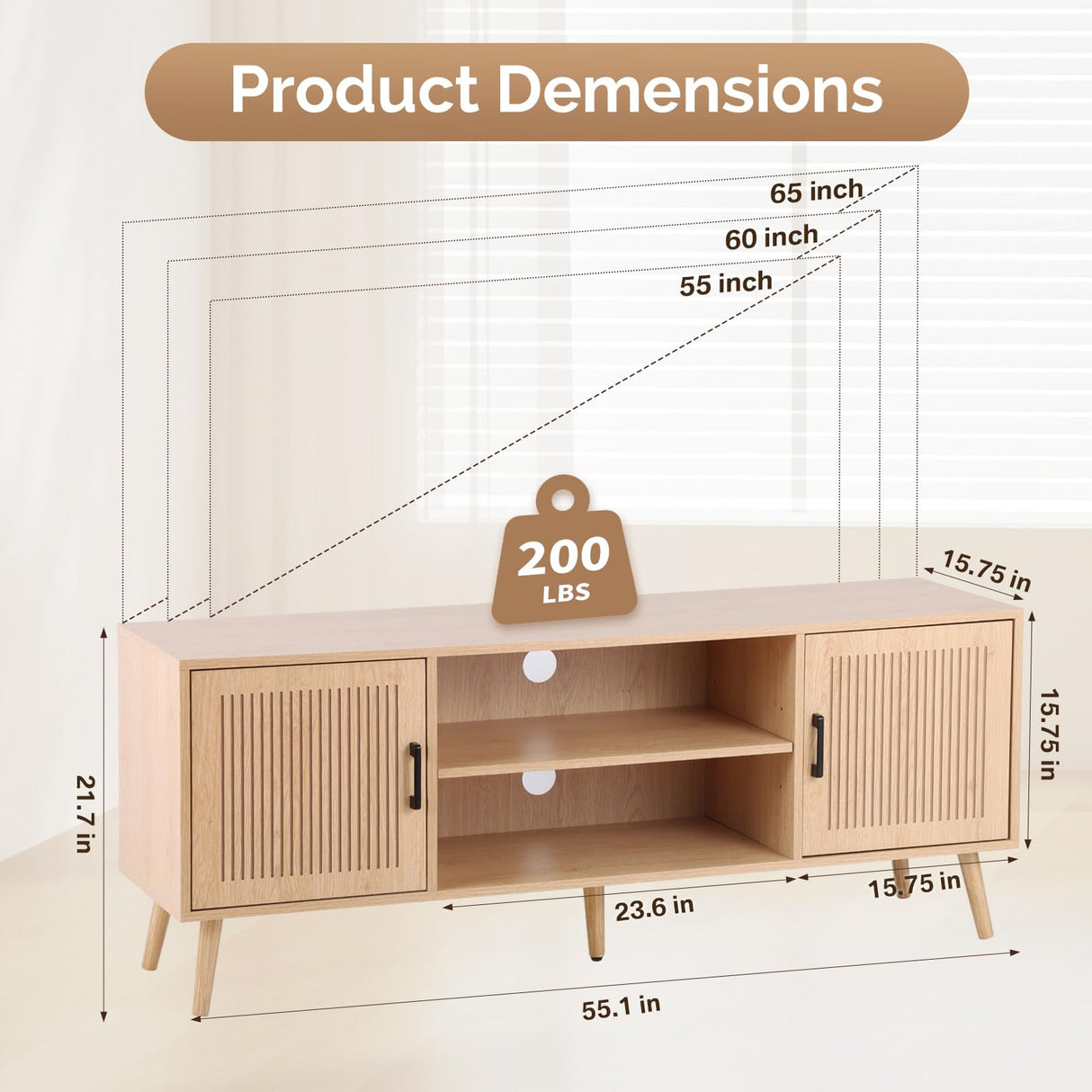 Modern TV Stand for 65 Inch TV, Entertainment Center with 2 Storage Cabinets and Adjustable Shelf, Solid Wood Feet, 4 Cord Holes, Groove Wave Media TV Console Table for Living Room Bedroom (Natural) Generic