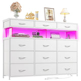 Dresser for Bedroom with Charging Station and LED Lights Dressers & Chest of Drawers with 12 Fabric Drawers Organizer with 10MM Thick Acrylic Sheet for Living Room, White Romorgniz