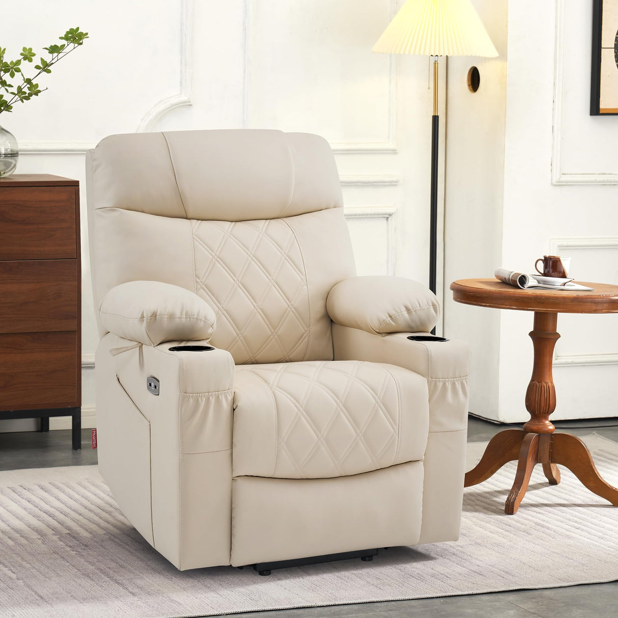 MCombo Small Size Power Lift Recliner Chair Sofa with Massage and Dual Heating, Adjustable Headrest for Elderly People Petite, USB Ports, Extended Footrest, Faux Leather 7111 (Cream White) MCombo
