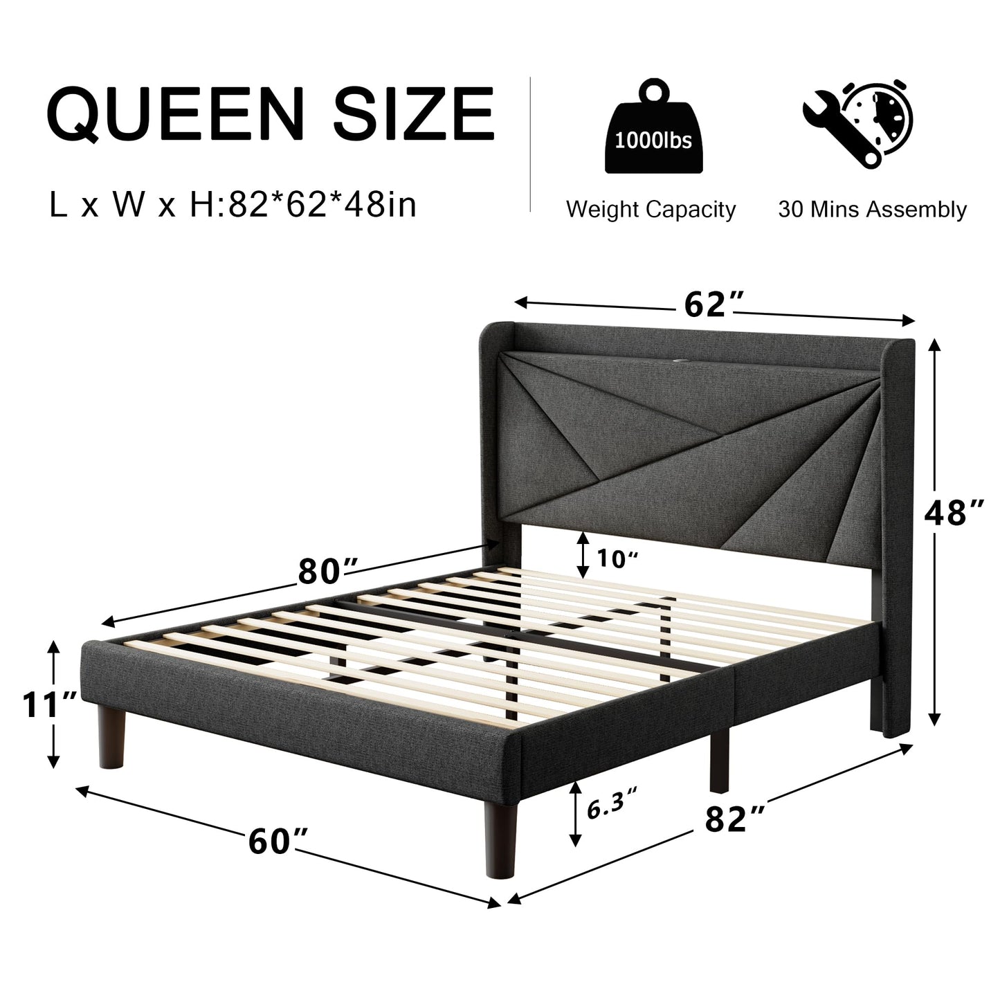 Einhomn Queen Size Upholstered Bed Frame with Charging Station, Platform Bed Frame with Storage Headboard, Metal & Solid Wood Slats Support, No Box