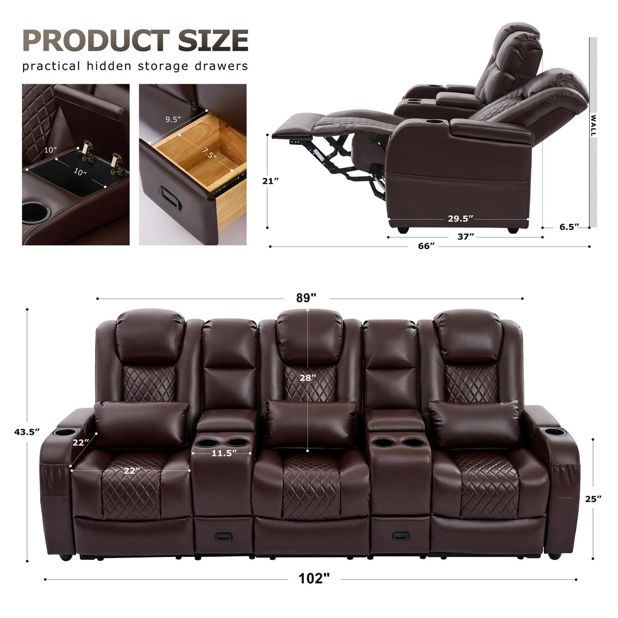 Attliahome Home Theater Seating, Recliner Sofa PU Leather with Central Console and 3 Pillows, Wall Hugger Recliners & 135° Reclining Theater Seats (Row of 3,Brown) Attliahome