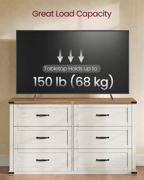 VASAGLE LIRY Collection - 6-Drawer Dresser for Bedroom, 54-Inch Wide Modern Farmhouse Chest of Drawers with Metal Handles, TV Stand, for Living Room, Entryway, Anti-Tipping, Rustic White ULTS661WJ01S VASAGLE