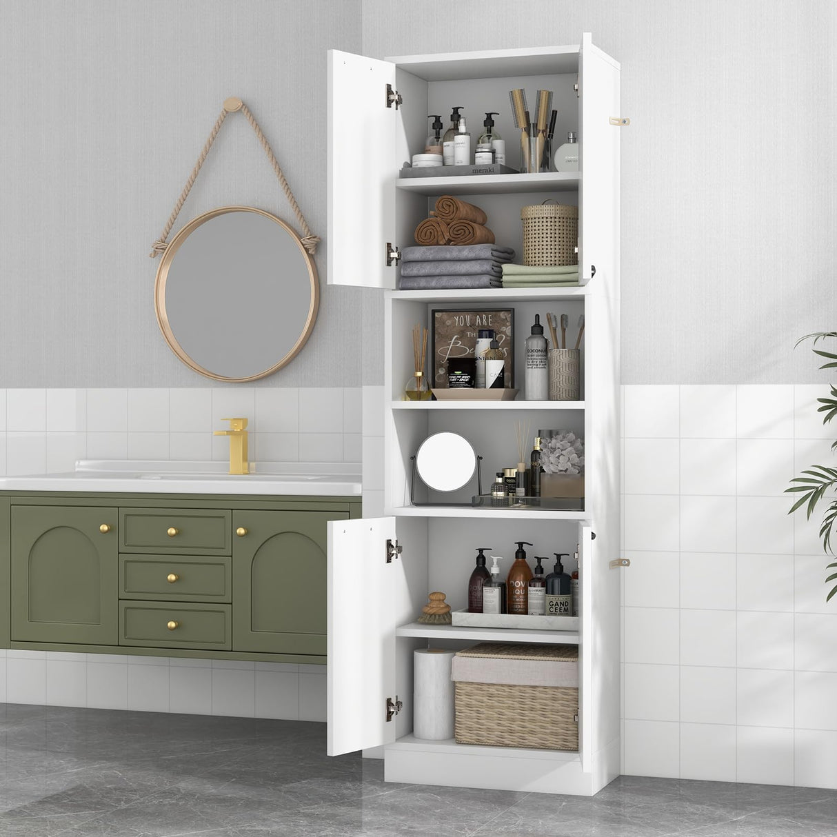 Tangkula 75" Tall White Bathroom Storage Cabinet with 4 Doors & 2 Open Shelves Tangkula