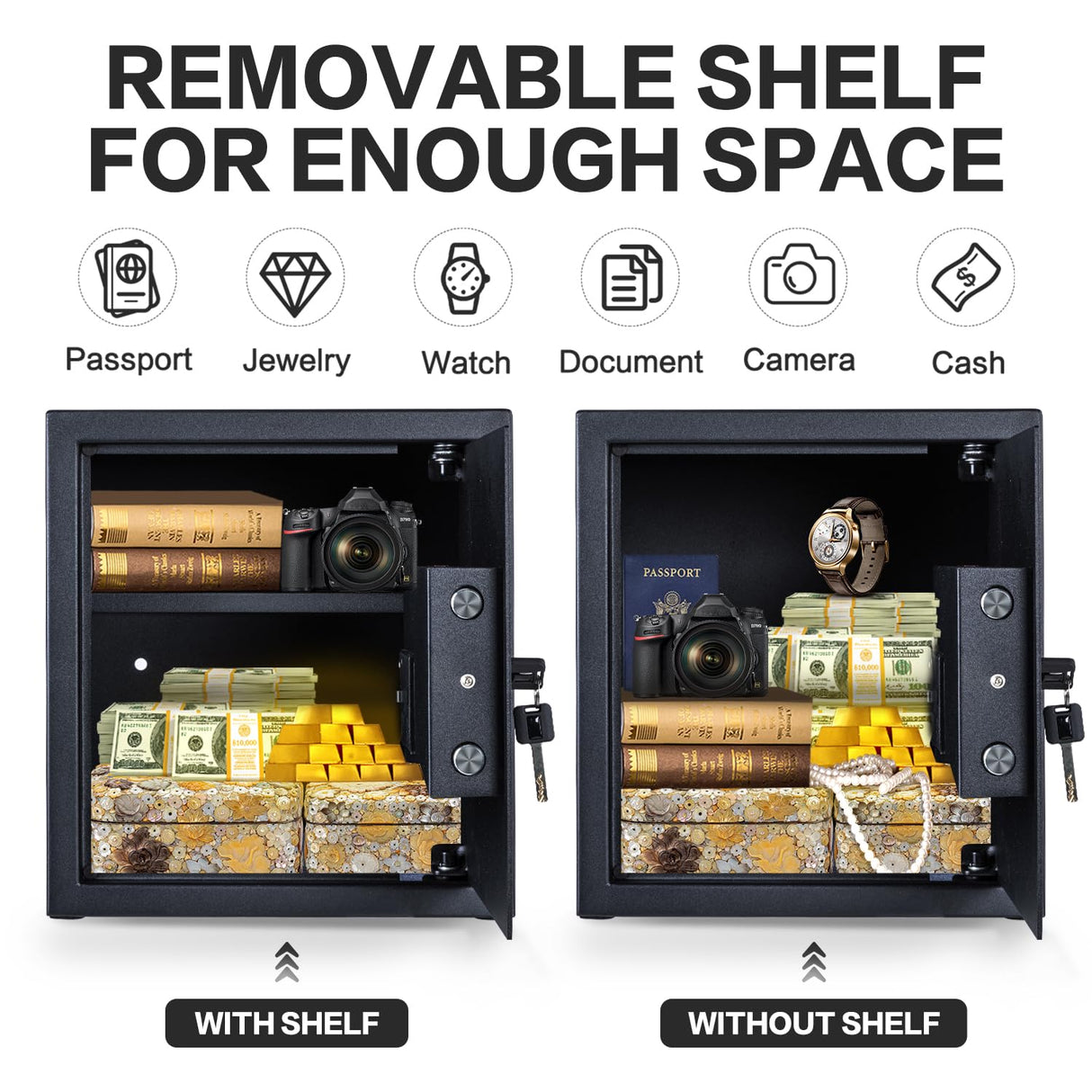 Safe Box, 1.7 Cubic Feet Home Safe, Electronic Digital Keypad, Alarm System, W/Fireproof Bag, Removable Shelf, Money Box for Money Documents, Home Use,13.78"D x 12.99"W x 16.54"H Locksworth