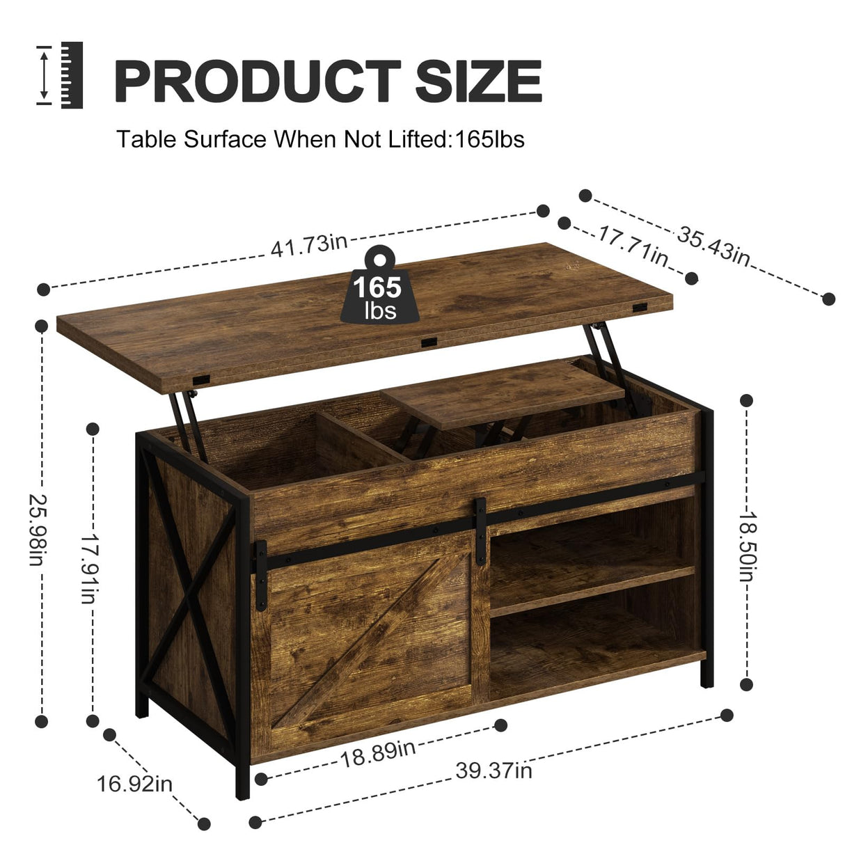Vividwood Lift Top Coffee Table with Storage and Sliding Door, 4 in 1 Multi-Function Convertible Tea Table with Hidden Compartment, Farmhouse Center Table with Wood Lift Tabletop for Living Room Brown Vividwood