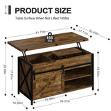Vividwood Lift Top Coffee Table with Storage and Sliding Door, 4 in 1 Multi-Function Convertible Tea Table with Hidden Compartment, Farmhouse Center Table with Wood Lift Tabletop for Living Room Brown Vividwood