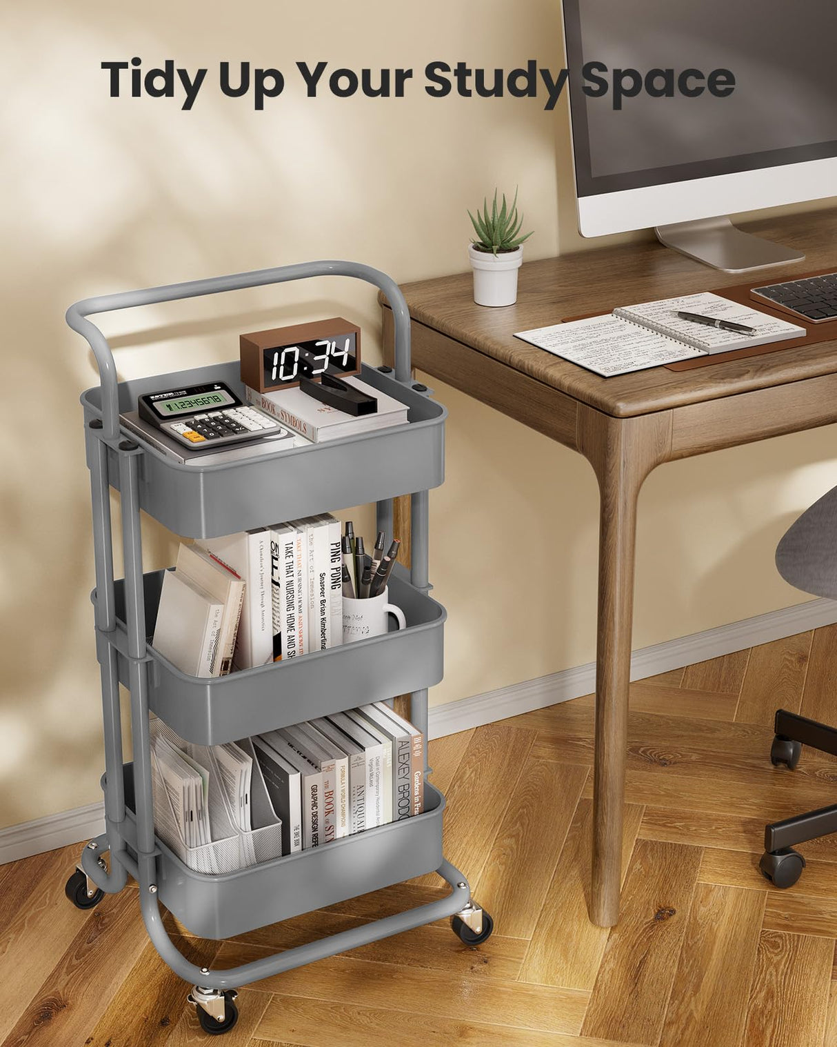 Pipishell 3 Tier Mesh Utility Cart, Rolling Metal Organization Cart with Handle and Lockable Wheels, Multifunctional Storage Shelves for Kitchen Living Room Office Grey Pipishell