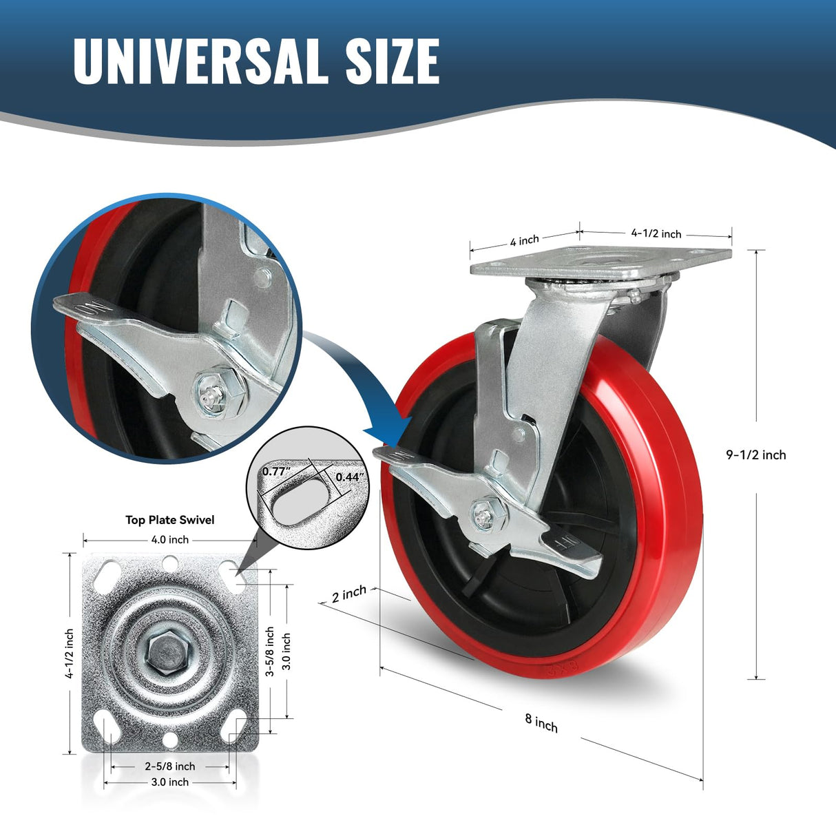 HANDSAMMU 8 inch Industrial Caster, Polyurethane on Polypropylene Wheel- Casters Set of 4 Heavy Duty - 4800LB Total Capacity -Widely Used in DIY Projects, Industrial Equipment（2Rigid&2Swivel） Handsammu