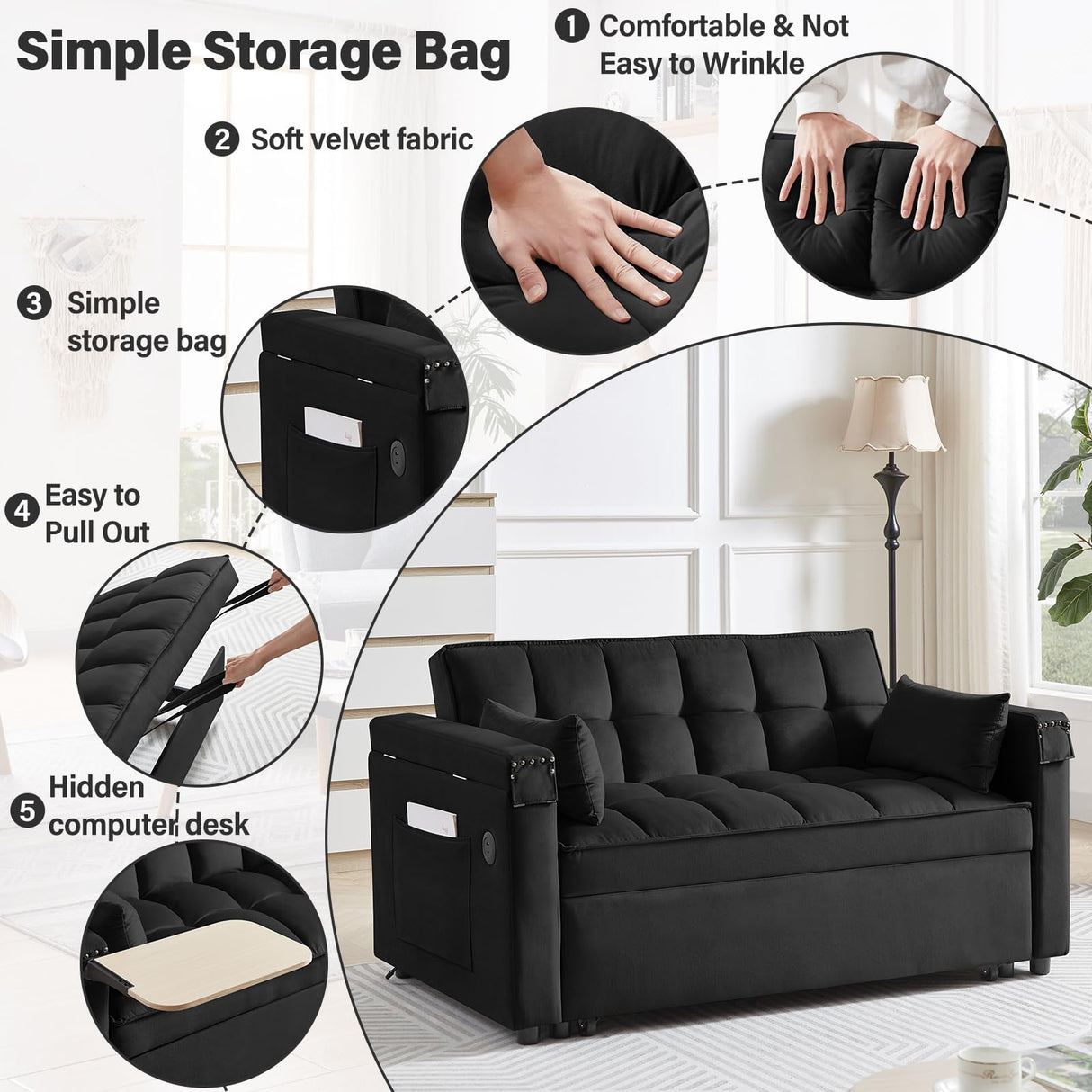 Convertible Sofa Bed,3-in-1 Velvet Sleeper Couch Pull-Out Bed,55'' Loveseat Sleeper Sofa Bed with Adjustable Backrest with 2 Pillows and Storage Bag & USB Port and Hidden Side Computer Table,Black WIIS' IDEA