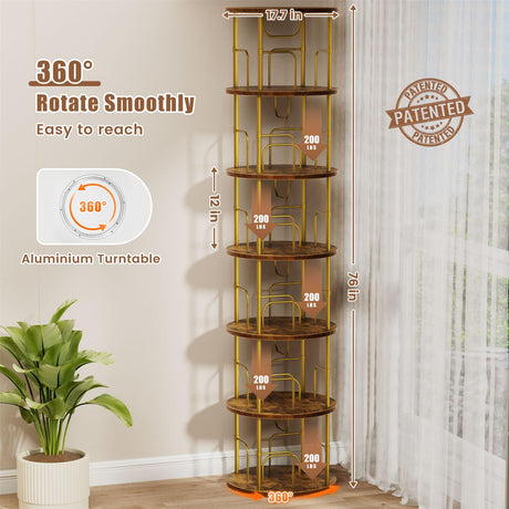 ALLSTAND 6 Tier Rotating Bookshelf, 360 ° Display Stackable Spinning Bookshelf Tower, Corner Bookshelf Tall Floor Standing Swivel Bookcase Narrow Storage Organizer for Bedroom, Living Room, Gold ALLSTAND