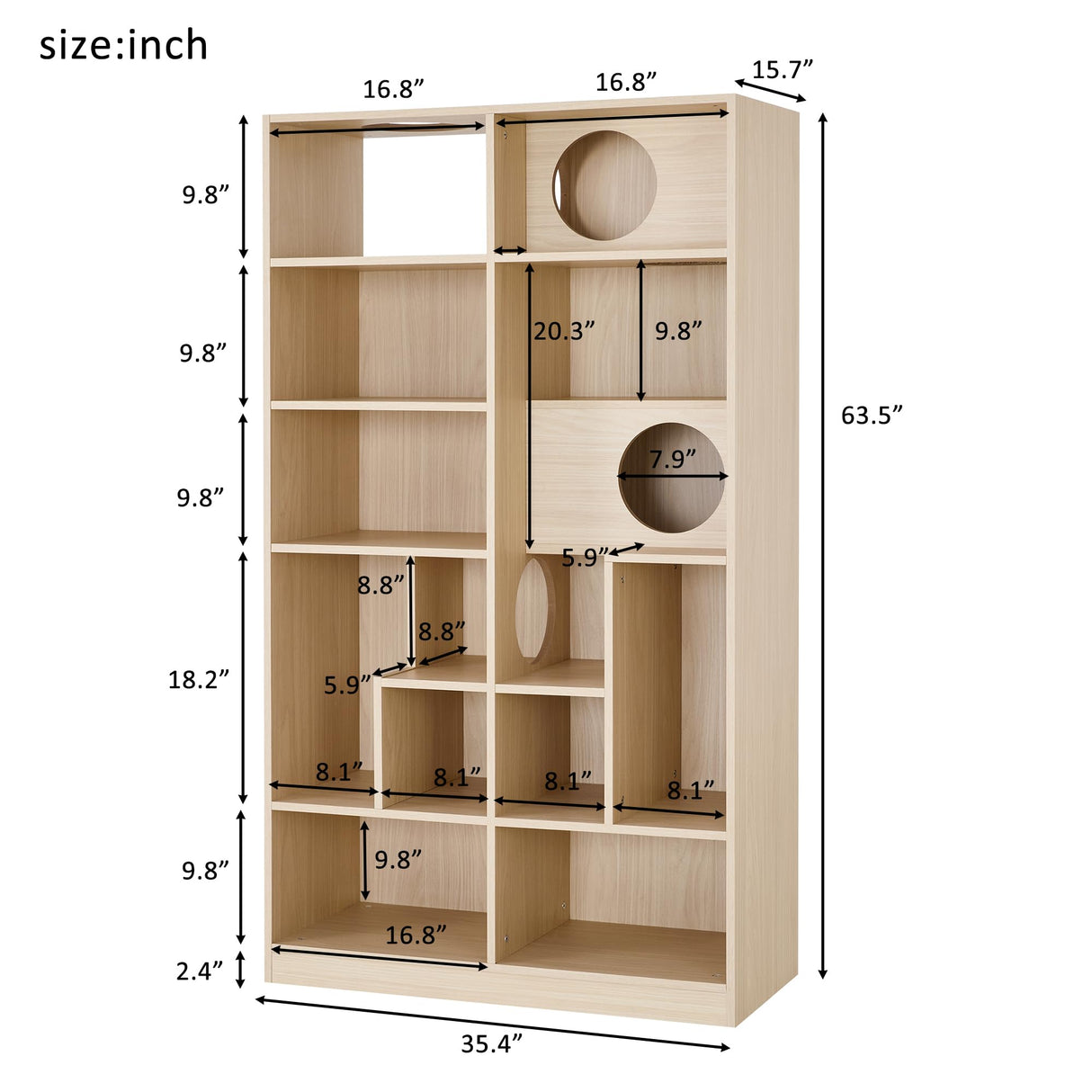 MATONELL Cat Bookshelf Tree - 63.5 Inch Furniture Style Cat Climbing Shelf with Storage, Modern Cat Tree for Indoor Cats, Multi-Level Perch & Bookshelf Combo, Natural Wood MATONELL