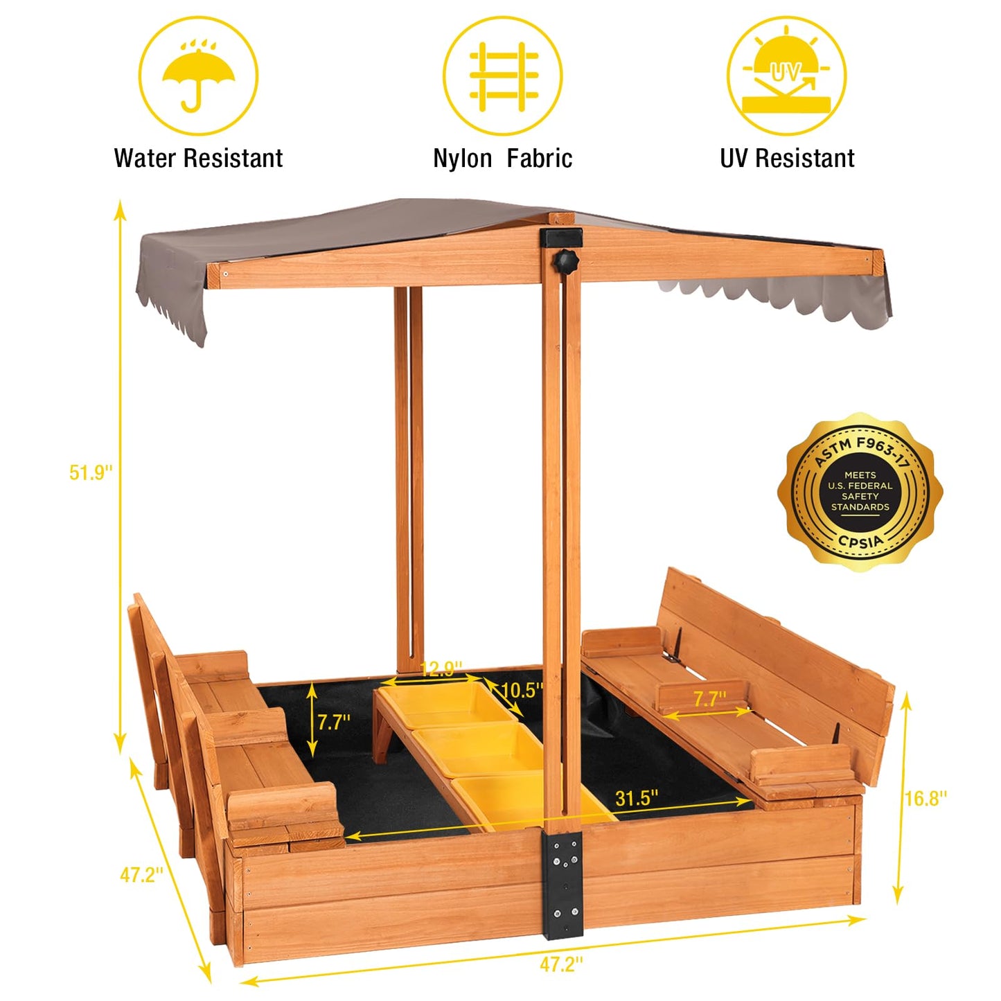 Aivituvin Kids Wooden Sandbox for Backyard, Large Sand Box with 2 Bench Seats and Toy Bin Storage- Bottomless Sand Pit