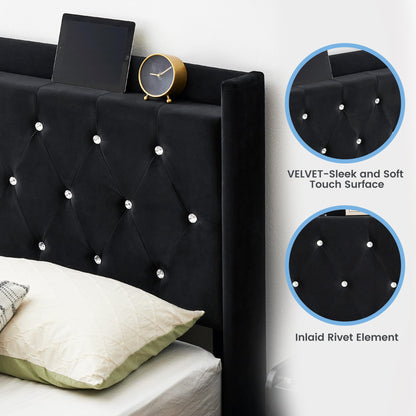 GarveeHome Full Size Floating Bed Frame with LED Lights and Wingback Storage Headboard, Black - WoodArtSupply