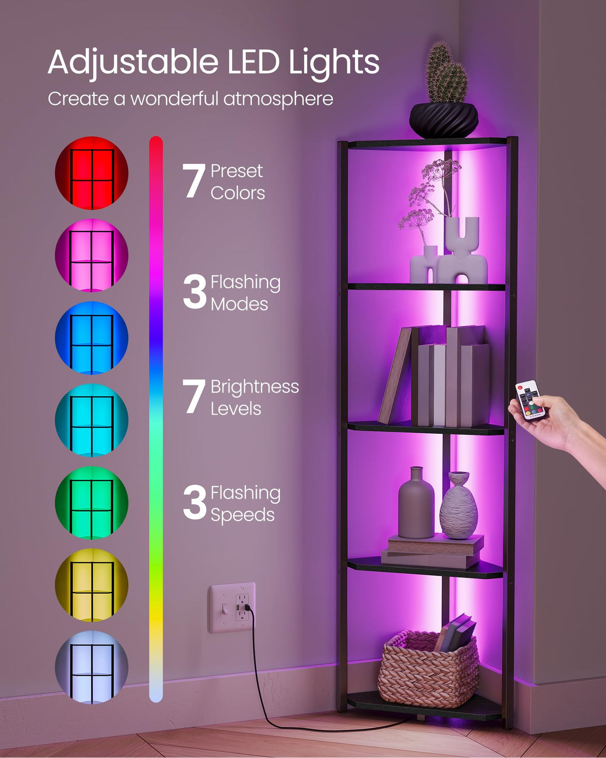 VASAGLE Corner Shelf Stand with LED Lights, 5-Tier Corner Bookshelf, Storage Shelf with Steel Frame, 9.8 x 18.9 x 57.7 Inches, for Living Room, Bedroom, Study, Ebony Black ULBC590B01 VASAGLE