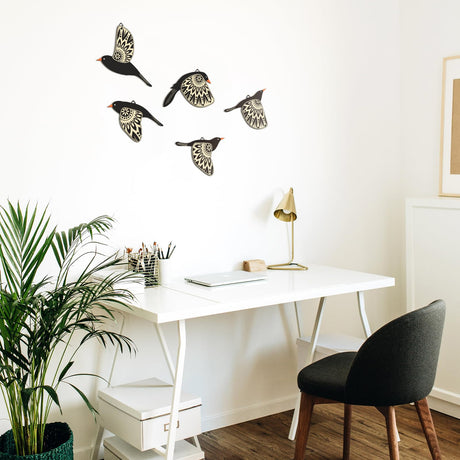 Barydat 5 Pcs Wooden Bird Wall Art Wood Flying Birds Wall Decor Rustic Folk Art Scandinavian Home Decor for Gift Living Room Bedroom Kitchen Office(Black) Barydat