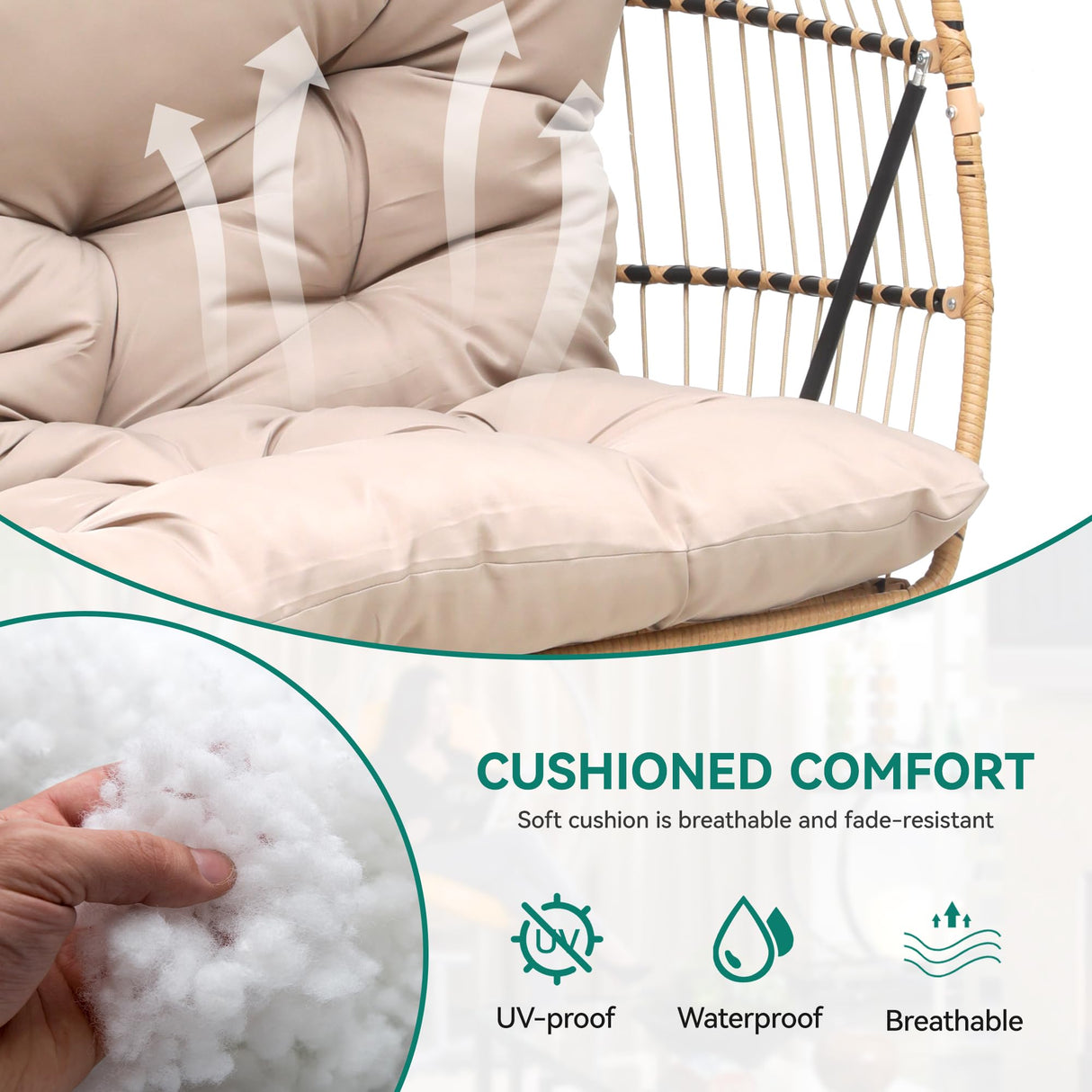 YITAHOME 2 Person Hanging Egg Swing Chair with Stand Egg Chair Wicker Indoor Outdoor Hammock with Cushions 550lbs for Patio, Bedroom, Garden and Balcony, Khaki(Stand Included) YITAHOME